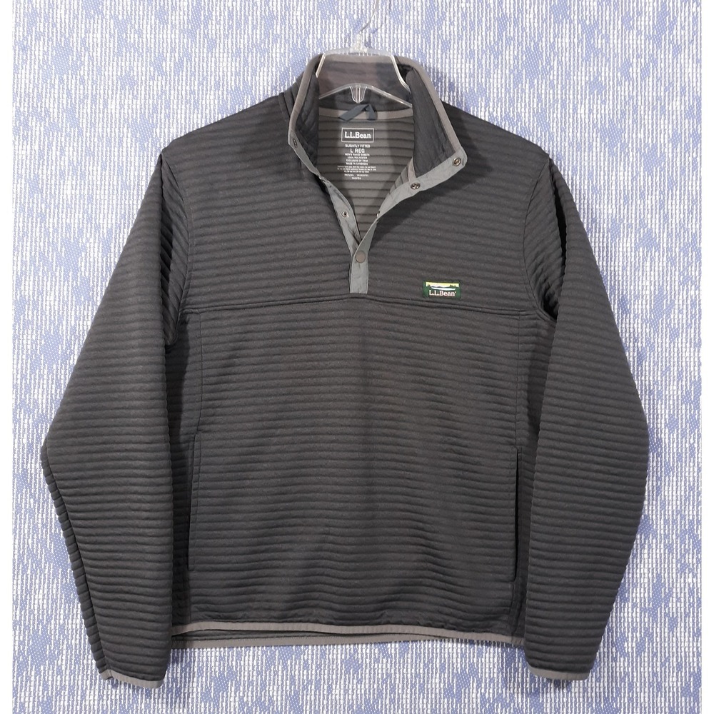L.L. Bean Sweater Mens Large Ribbed Outdoor Hiking Travel Gray Pullover Snap